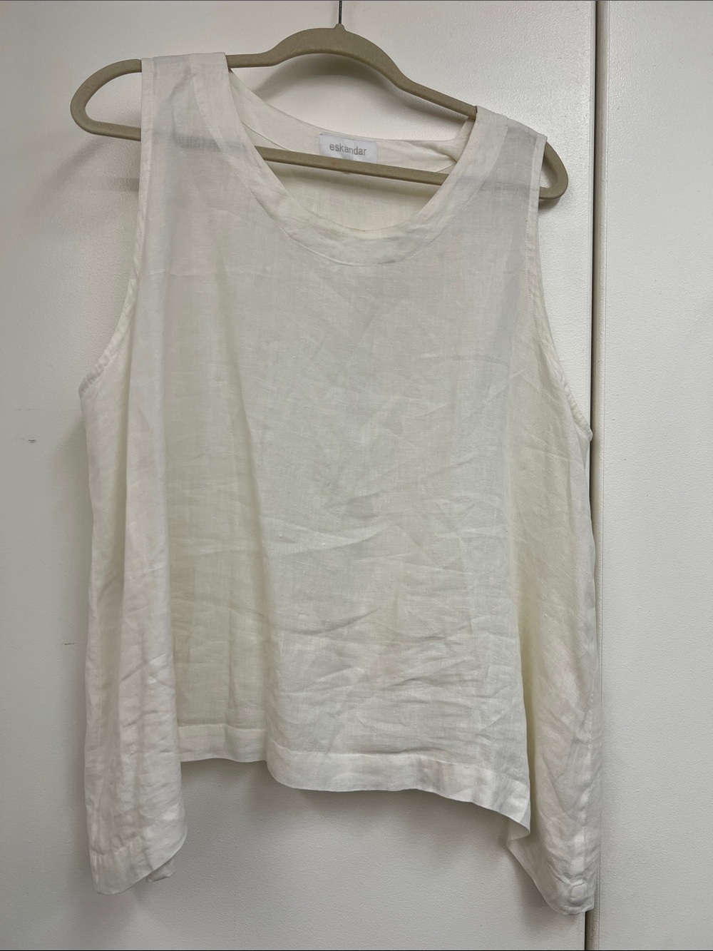 eskandar Cream White Linen Sleeveless Tank Top Blouse Shirt Asymmetric Vacatio
